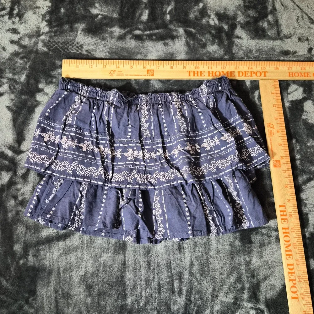 Japna Blue Floral Tiered Mini Skirt Smocked Waist Boho Rayon Ruffle Small